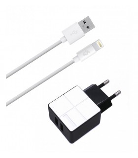 Cargador de 2 entradas USB + Cable Lightning Blanco 2.4A